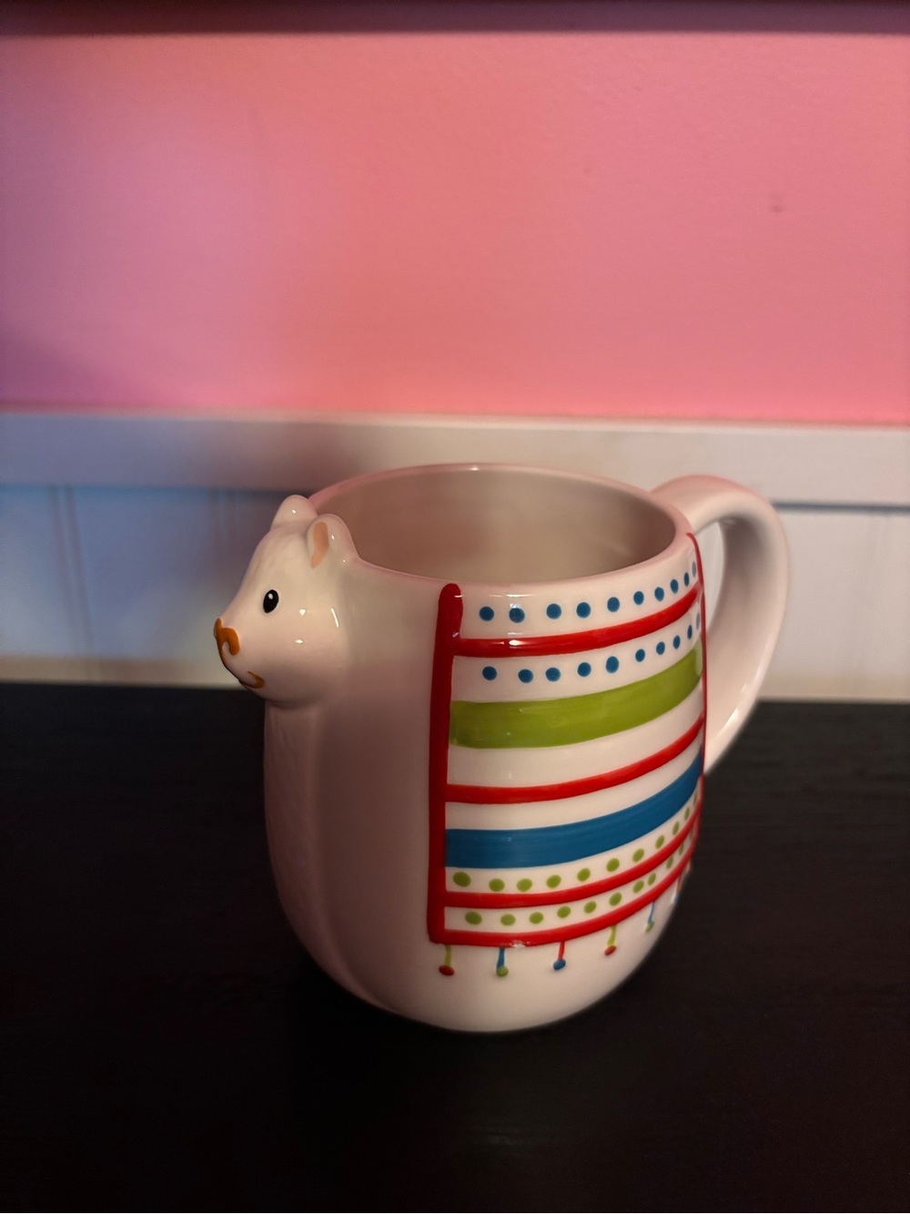 White Ceramic Bear Mug with Colorful Stripe Pattern